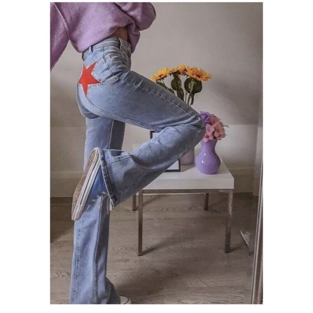 Y2 K Retro 90s Womens STAR High Waist Flare Leg denim jeans pants Sz S 4 6 27”